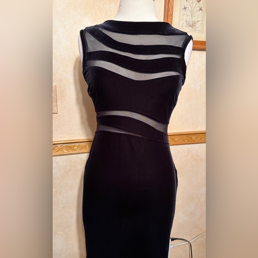 Velvet/Mesh Black Strapless Sheer Panel Midi Dress size 8